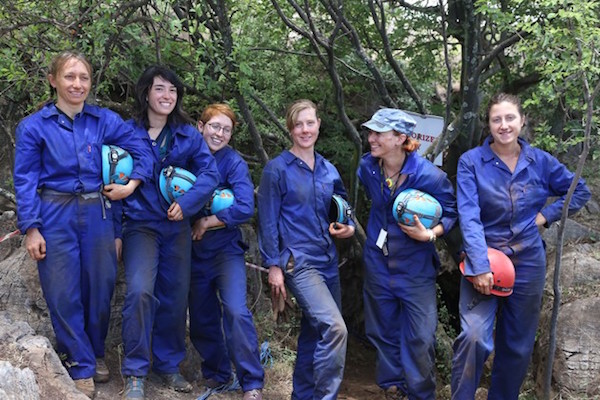 The six women scientists — Becca Peixotto, K. Lindsay Hunter, Hannah Morris, Alia Gurtov, Marina Elliot, and Elen Feuerriegel (left to right) — who descended into Rising Star Cave to retrieve fossils from Homo naledi.